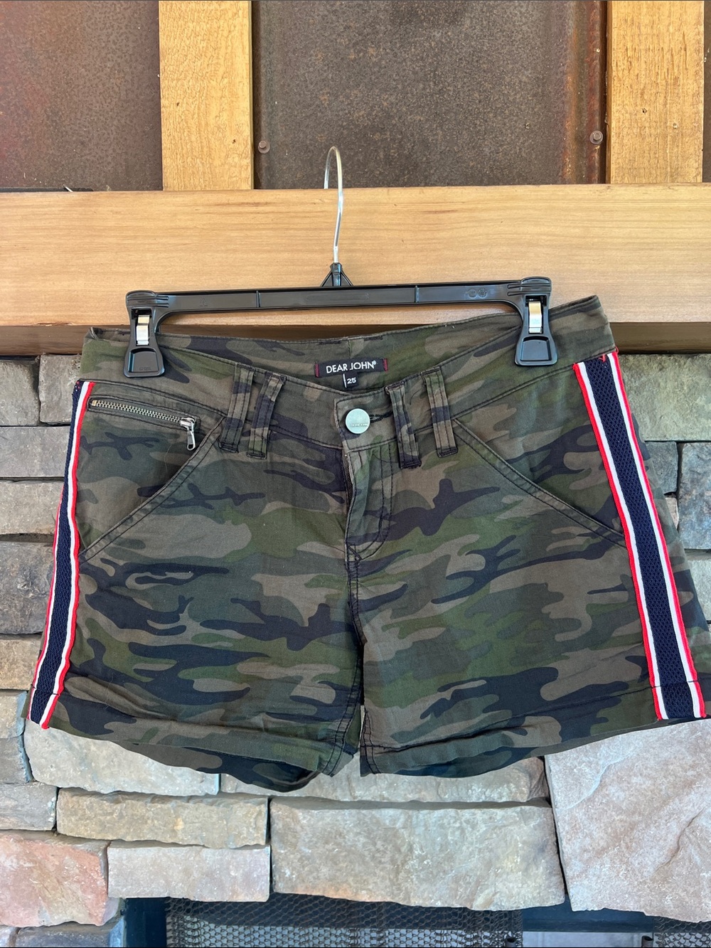Dear John Green Camo Shorts with Red & White Side Stripes